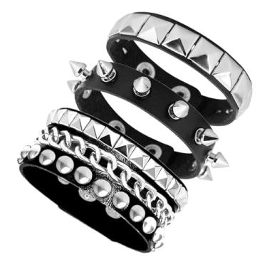 Imagem de Tosmifairy 3 peças de pulseiras de couro punk rock para mulheres pop anos 80 90 acessórios de joias emo retrô com pontas ajustáveis punhos de pulso, One Size, Couro sintético Couro, Sem Pedra Preciosa
