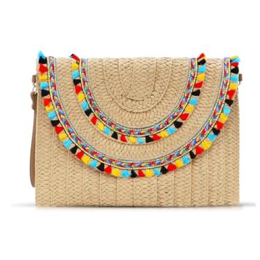 Imagem de QTKJ Bolsa de mão, pacote envelope de palha, bolsas de mão com borlas coloridas duplas, bolsas com alça de ombro transversal, bolsa de palha adequada para praia, viagens, combinação diária, Caqui, One