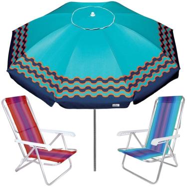 Imagem de Kit Guarda Sol 2,5m Articulado Ibiza Turquesa 2 Cadeira 8 Posições Alumínio Praia Piscina Camping - Tobee