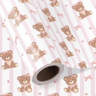 Imagem de WRAPAHOLIC Rolo de papel de embrulho Bear Baby Shower – Mini rolo – 43 cm x 40 cm – Urso de pelúcia coquete com laço de fita rosa, papel de embrulho, perfeito para chá de bebê, aniversário de menina