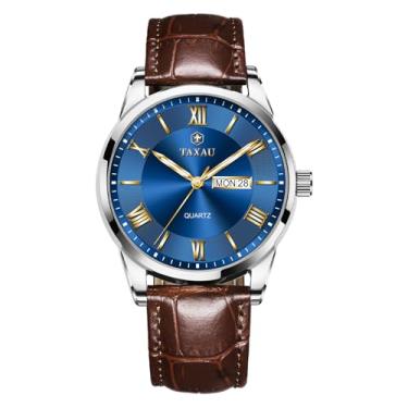 Imagem de Taxau Relógio casual masculino de couro luxuoso, data de negócios, à prova d'água, analógico, quartzo, clássico, mostrador grande, minimalista, para homens, Mostrador prata-azul - G8408, round,