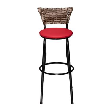 Imagem de Banqueta Alta Flex com Encosto, Assento em Corino, 70 cm, Estrutura Preta, Encosto em Junco Cappuccino (VERMELHO)