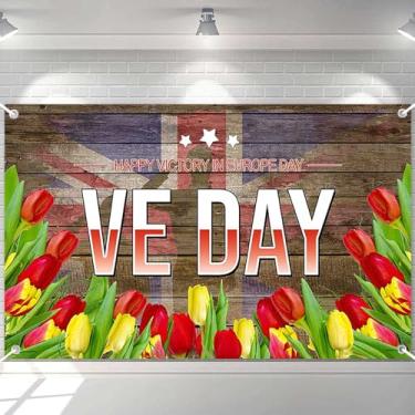 Imagem de Ticuenicoa Faixa Happy VE Day – 177 x 109 cm, celebração do Dia da Vitória na Europa, comemoração da Segunda Guerra Mundial, decorações de festa do dia VE e eventos ao ar livre