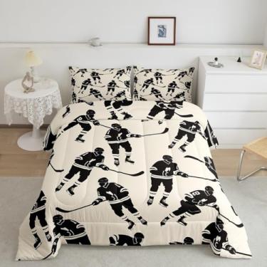 Imagem de jejeloiu Jogo de cama solteiro de jogador de hóquei, conjunto de edredom de hóquei no gelo para crianças, meninos e meninas, preto e branco, conjunto de edredom para esportes de inverno, 2 peças