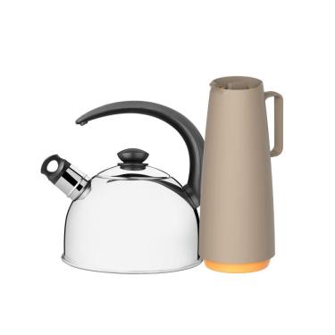 Imagem de Chaleira em Aço Inox Com Apito 2,1l e Bule Garrafa Térmica 1l Bege Tramontina