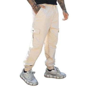 Imagem de Calça Jogger com Punho Slim Sarja com Elastico Ajustável Streetwear Masculino Feminino Creme-Masculino