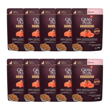 Imagem de Kit 10 Ração Úmida Gran Plus Sachê Gatos Gourmet Adultos Salmão - 85g