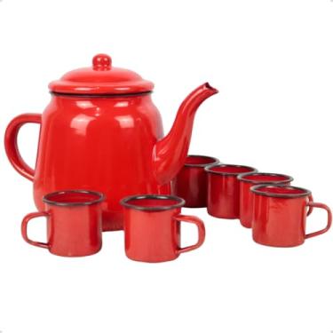 Imagem de Kit Bule Ferro Esmaltado 1,7L Bico de Ganso com 6 Xícaras 90ml Rústicas (Vermelho)