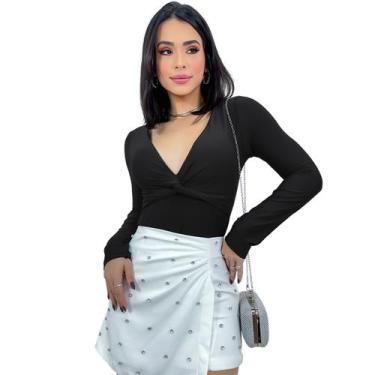 Imagem de Body Feminino Manga Longa Decote Trançado Nó Justo Social - Swisz, Pre