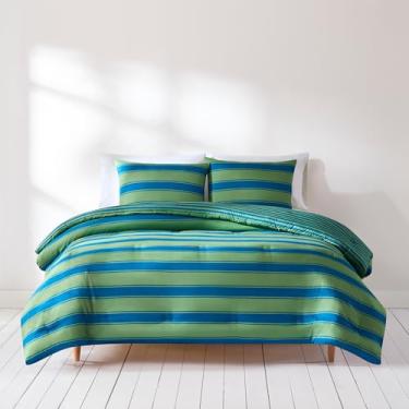 Imagem de Lush Decor Gale Cabana Stripe? Conjunto de 3 peças de edredom reversível casal/queen azul e sálvia - conjunto de cama listrado - edredom verde - decoração costeira moderna