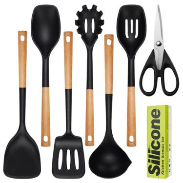 Imagem de Conjunto grande de utensílios de cozinha de silicone, 7 peças, cabo de madeira resistente ao calor, conjunto de utensílios de cozinha de silicone de grau alimentício com suporte, sem BPA para panelas