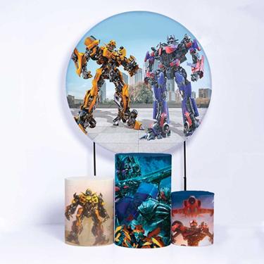 Imagem de Kit Painel de Festa Redondo de 1,50m e Trio de Cilindros Transformers - Fera Print