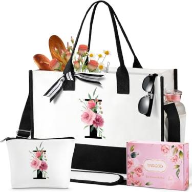 Imagem de Presentes de aniversário de amigos personalizados, sacola floral ini-tial para mulheres, bolsa de praia Can-vas com bolsa de maquiagem, bolso interno, bolso lateral, alça de ombro, caixa de presente, cartão, irmã noiva presentes de dama de honra I