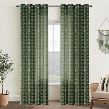 Imagem de Cortinas verde-musgo escuro 246 cm de comprimento, cortinas tropicais boho de linho transparente para quarto, sala de estar, conjunto de 2 painéis