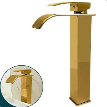Imagem de Torneira Dourada Pia Banheiro Inox304 Bica Alta Quadrada Cascata Monoc
