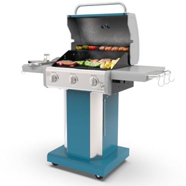 Imagem de Kenmore Churrasqueira externa de 3 bocas | Churrasqueira a gás propano líquido com laterais dobráveis, PG-A4030400LD-TL, grade pedestal com rodas, 30000 BTU, azul-petróleo