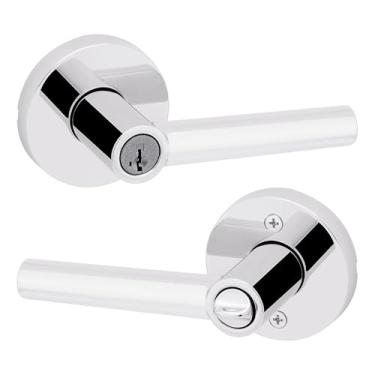 Imagem de Kwikset Maçaneta de porta de entrada Milan com fechadura e chave, exterior de alavanca reversível com chave segura, fechadura para entrada frontal e quartos, cromo polido, segurança Smartkey Rekey