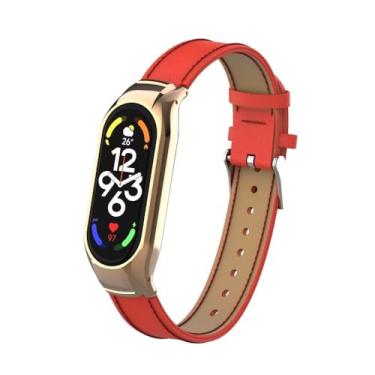 Imagem de T-BLUER Compatível com pulseira Xiaomi Mi Band 7, acessórios de pulseira de substituição de couro com armação de metal para pulseira inteligente Xiaomi Mi Band 7, vermelha