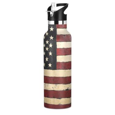 Imagem de Garrafa térmica infantil com bandeira americana com tampa de palha, copo térmico à prova de vazamento de aço inoxidável bandeira dos EUA garrafa de água patriótica para esportes viagens escolares, 590
