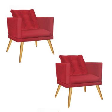 Imagem de Kit 02 Poltrona Cadeira Kim Luxo Confort Com Almofada Solta Pé Madeira Suede Vermelho - Amey Decor