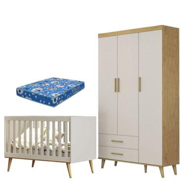 Imagem de Berço Americano E Guarda Roupa Infantil Ludmila Off White Bétula Com Colchão Ortobom Baby