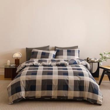 Imagem de Pureant Conjunto de edredom azul xadrez, tamanho casal, cinza e azul marinho, moderno, minimalista, quadriculado, cobertor, feminino, masculino, bege, cama geométrica, marrom macio