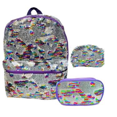 Imagem de Kit Mochila Escolar G Estojo Simples Clio Paetê mais Nécessaire - Clio