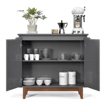 Imagem de Buffet Flow 2 Portas 1 Prateleira, Base em Madeira Aparador Balcão para Sala de Jantar (CINZA)