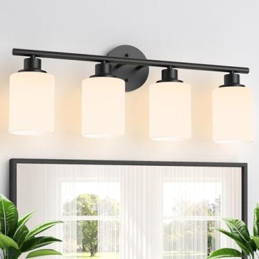 Imagem de Weyderk Luminária De Banheiro Preta - 4 Luminárias Com Cúpulas Vidro Branco, Certificação Ul E Base E26 Sobre O Espelho