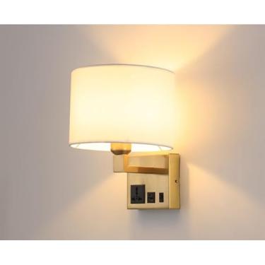 Imagem de VinTopsh Luminária De Parede Moderna Para Cabeceira Com Interruptor Liga/Desliga, Tomada E Porta Usb, Arandela Tecido, Fazenda Quarto, Sala Estar Hotel (Abajur Bege)