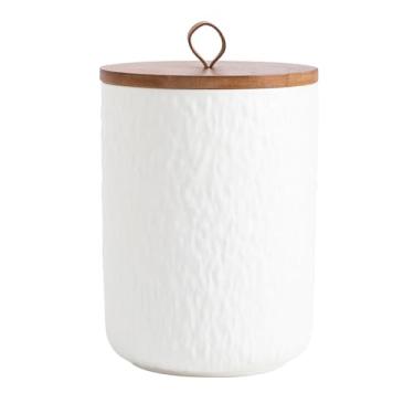 Imagem de MEIGLQEA Lata De Café Cerâmica Preta E Branca Com Tampa Madeira, Recipiente Hermético Para Armazenamento Grãos, Moído, Açúcar, Pote Biscoitos Doces (Branco, 1300 Ml)