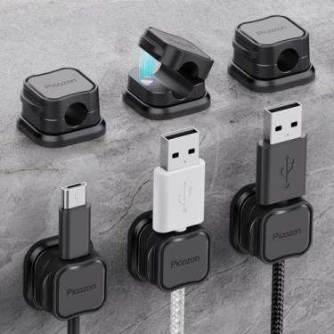 Imagem de Pacote com 6 prendedores magnéticos para cabos, organizador de cabos, gerenciamento de cabos Picozon adesivos, carregador USB para celular, organizador para mesa de escritório e casa - preto