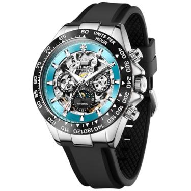 Imagem de OLEVS Relógio automático masculino esqueleto com corda automática, aço inoxidável, silicone, à prova d'água, luminoso, diamante, seis ponteiros, fase da lua, relógio mecânico, 6713: prata-azul