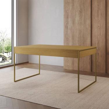 Imagem de Mesa Industrial Caixote Filadélfia Tampo 120x75 Freijó Base Ferro Dourado