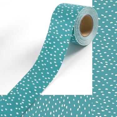 Imagem de Bordas de quadro de avisos Boho, decorações de sala de aula boho de 1,8 m com manchas brancas em fundo azul, acabamento de borda laminada reta para decoração de parede de porta de sala de aula de