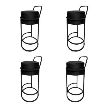 Imagem de Kit 4 Banquetas Alta Redonda Base Preta Veludo - Preto