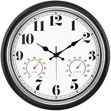 Imagem de 45MinST Relógio de parede impermeável grande vintage prata de 40,6 cm com termômetro e higrômetro, relógio de quartzo silencioso sem tique-taque para casa, varanda, jardim