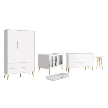 Imagem de Dormitório Theo 3 Portas, Mesa de Canto com Pés Madeira Natural e Colchão D18 - Reller...