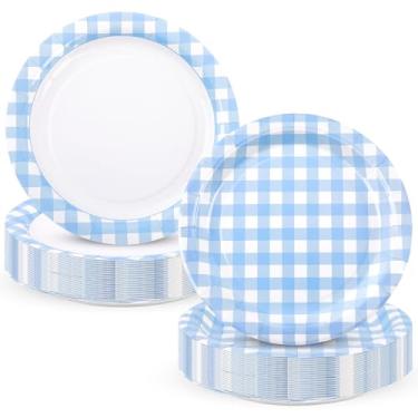 Imagem de Houuqe 48 peças de pratos de festa de guingão azul 17,8 cm, pratos de sobremesa xadrez descartáveis, prato de papel azul e branco para outono, piquenique, churrasco, aniversário, verão, jantar