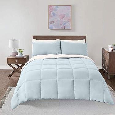 Imagem de Royal Hotel Bedding Edredom alternativo macio e de pelúcia – reversível com 2 cores – hipoalergênico hotel pelúcia alternativa – Queen grande, azul claro e branco