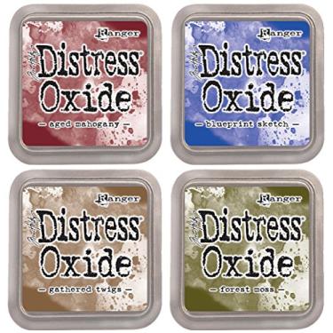 Imagem de Tim Holtz Ranger Distress Oxide Ink Bundle C - Four 7.6cm x 7.6cm Pads - Aged Mahogany, Blueprint Sketch, Forest Moss, and Gathered Twigs ...