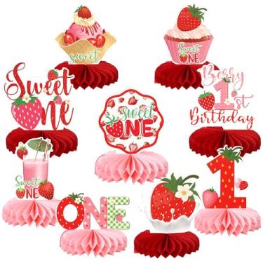 Imagem de Rsstarxi Pacote com 9 decorações de festa de 1º aniversário de frutas silvestres doce um morango favo de mel peças centrais para decoração de mesa de primeiro aniversário para Swee One Baby Shower