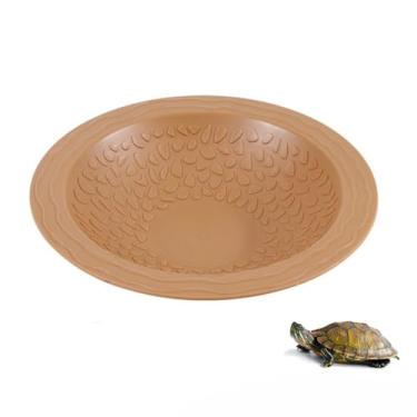 Imagem de Flushbay Réptil redondo para piscina, prato de alimentação de réptil, tigela de água com rampa, ornamento de aquário para lagartixa, cobra, tartaruga, dragão barbudo, banho de lagarto (marrom-amarelo)