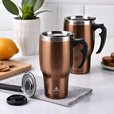 Imagem de Caneca Térmica Parede Dupla em Aço Inox Marrom 400ml com Tampa Flip - Estilo Premium