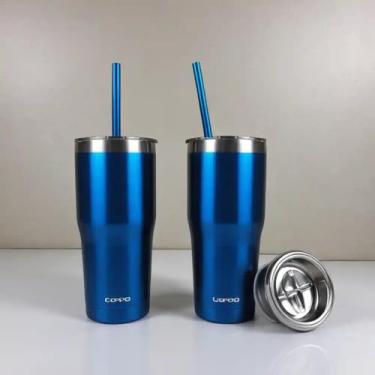 Imagem de Caneca Térmica Parede Dupla em Aço Inox Azul 1000ml com Canudo - Estilo Esportivo