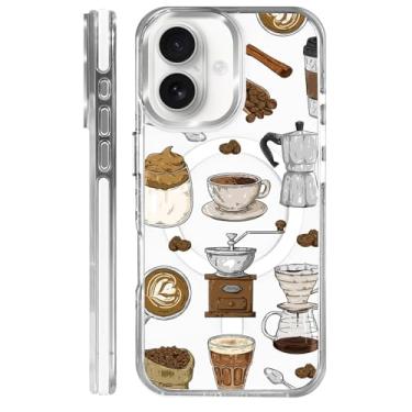 Imagem de COTAIL Capa transparente para iPhone 16, [compatível com carregamento magnético] [proteção de nível militar] [antiamarelamento] capa magnética fina à prova de choque para iPhone 16, colagem de café