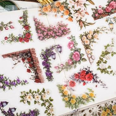 Imagem de Kit de adesivos de scrapbook flores de canto de pátio 180 peças vintage flores PET transparentes à prova d'água conjunto de adesivos para lixo diário garrafas de água telefone laptop pacote de