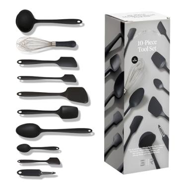Imagem de GIR: Conjunto de 10 utensílios de cozinha Get It Right - silicone preto - conjunto de espátula, espátulas de silicone e colheres de cozinha - resistente ao calor até 218 °C - antiaderente para panelas