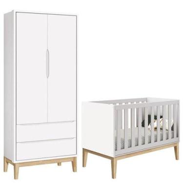 Imagem de Berço Americano E Guarda Roupa Classic 2 Portas Branco Com Pés Madeira