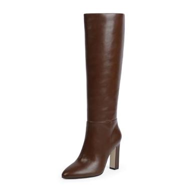 Imagem de VIUGJNEX Botas de cano alto femininas bico amendoado bloco grosso salto alto botas altas, Marrom PU, 35
